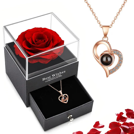 Projection Necklace Set With Rose - 100 Languages I Love You